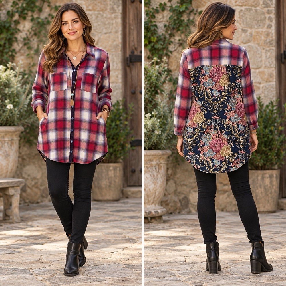 Soft Surroundings Pastiche Plaid Flannel Tapestry Tunic Womens M Mixed Media